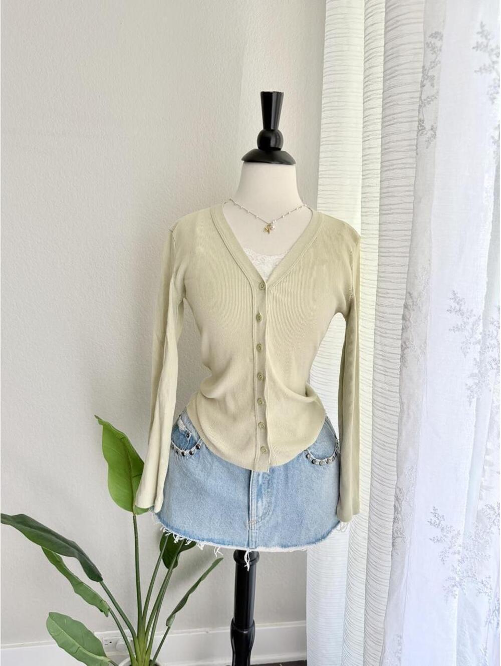 Y2K light greeb Ribbed Cardigan